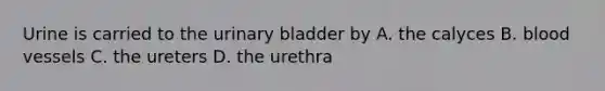 Urine is carried to the <a href='https://www.questionai.com/knowledge/kb9SdfFdD9-urinary-bladder' class='anchor-knowledge'>urinary bladder</a> by A. the calyces B. <a href='https://www.questionai.com/knowledge/kZJ3mNKN7P-blood-vessels' class='anchor-knowledge'>blood vessels</a> C. the ureters D. the urethra