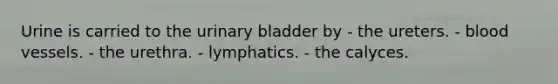 Urine is carried to the urinary bladder by - the ureters. - blood vessels. - the urethra. - lymphatics. - the calyces.