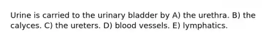 Urine is carried to the urinary bladder by A) the urethra. B) the calyces. C) the ureters. D) blood vessels. E) lymphatics.