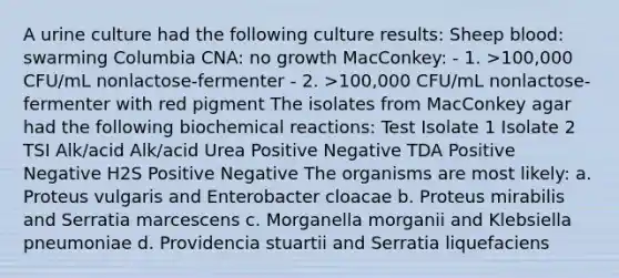 A urine culture had the following culture results: Sheep blood: swarming Columbia CNA: no growth MacConkey: - 1. >100,000 CFU/mL nonlactose-fermenter - 2. >100,000 CFU/mL nonlactose-fermenter with red pigment The isolates from MacConkey agar had the following biochemical reactions: Test Isolate 1 Isolate 2 TSI Alk/acid Alk/acid Urea Positive Negative TDA Positive Negative H2S Positive Negative The organisms are most likely: a. Proteus vulgaris and Enterobacter cloacae b. Proteus mirabilis and Serratia marcescens c. Morganella morganii and Klebsiella pneumoniae d. Providencia stuartii and Serratia liquefaciens