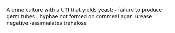 A urine culture with a UTI that yields yeast: - failure to produce germ tubes - hyphae not formed on cornmeal agar -urease negative -assimialates trehalose