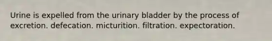 Urine is expelled from the <a href='https://www.questionai.com/knowledge/kb9SdfFdD9-urinary-bladder' class='anchor-knowledge'>urinary bladder</a> by the process of excretion. defecation. micturition. filtration. expectoration.