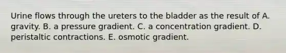 Urine flows through the ureters to the bladder as the result of A. gravity. B. a pressure gradient. C. a concentration gradient. D. peristaltic contractions. E. osmotic gradient.