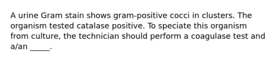 A urine Gram stain shows gram-positive cocci in clusters. The organism tested catalase positive. To speciate this organism from culture, the technician should perform a coagulase test and a/an _____.
