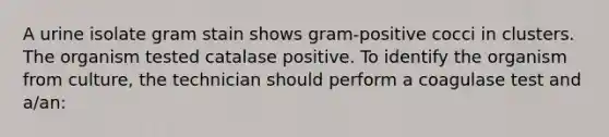 A urine isolate gram stain shows gram-positive cocci in clusters. The organism tested catalase positive. To identify the organism from culture, the technician should perform a coagulase test and a/an: