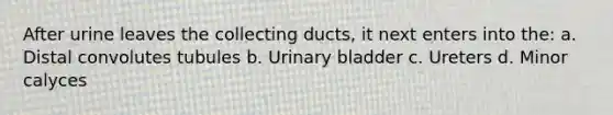 After urine leaves the collecting ducts, it next enters into the: a. Distal convolutes tubules b. <a href='https://www.questionai.com/knowledge/kb9SdfFdD9-urinary-bladder' class='anchor-knowledge'>urinary bladder</a> c. Ureters d. Minor calyces