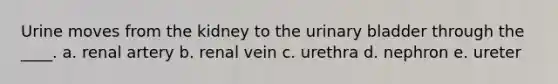 Urine moves from the kidney to the urinary bladder through the ____.​ a. ​renal artery b. ​renal vein c. ​urethra d. ​nephron e. ureter​