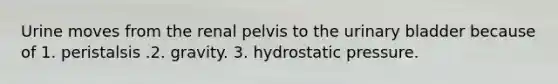 Urine moves from the renal pelvis to the urinary bladder because of 1. peristalsis .2. gravity. 3. hydrostatic pressure.