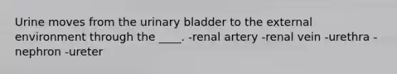 Urine moves from the urinary bladder to the external environment through the ____.​ -​renal artery -​renal vein -​urethra -​nephron -ureter​