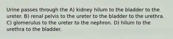 Urine passes through the A) kidney hilum to the bladder to the ureter. B) renal pelvis to the ureter to the bladder to the urethra. C) glomerulus to the ureter to the nephron. D) hilum to the urethra to the bladder.