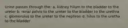 Urine passes through the: a. kidney hilum to the bladder to the ureter b. renal pelvis to the ureter to the bladder to the urethra c. glomerulus to the ureter to the nephron d. hilus to the uretha to the bladder