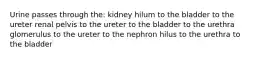 Urine passes through the: kidney hilum to the bladder to the ureter renal pelvis to the ureter to the bladder to the urethra glomerulus to the ureter to the nephron hilus to the urethra to the bladder