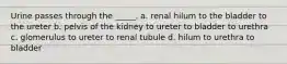 Urine passes through the _____. a. renal hilum to the bladder to the ureter b. pelvis of the kidney to ureter to bladder to urethra c. glomerulus to ureter to renal tubule d. hilum to urethra to bladder