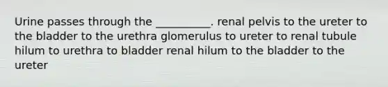 Urine passes through the __________. renal pelvis to the ureter to the bladder to the urethra glomerulus to ureter to renal tubule hilum to urethra to bladder renal hilum to the bladder to the ureter