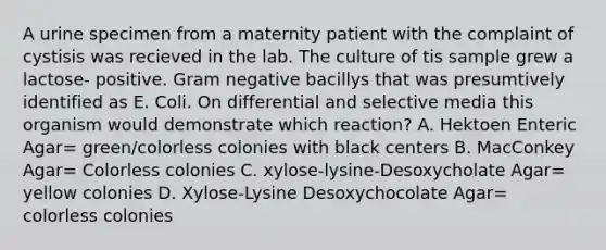 A urine specimen from a maternity patient with the complaint of cystisis was recieved in the lab. The culture of tis sample grew a lactose- positive. Gram negative bacillys that was presumtively identified as E. Coli. On differential and selective media this organism would demonstrate which reaction? A. Hektoen Enteric Agar= green/colorless colonies with black centers B. MacConkey Agar= Colorless colonies C. xylose-lysine-Desoxycholate Agar= yellow colonies D. Xylose-Lysine Desoxychocolate Agar= colorless colonies