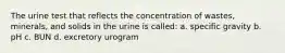 The urine test that reflects the concentration of wastes, minerals, and solids in the urine is called: a. specific gravity b. pH c. BUN d. excretory urogram