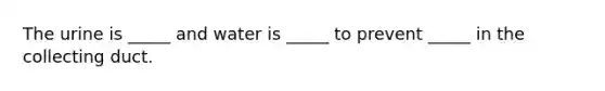 The urine is _____ and water is _____ to prevent _____ in the collecting duct.