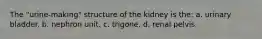 The "urine-making" structure of the kidney is the: a. urinary bladder. b. nephron unit. c. trigone. d. renal pelvis.