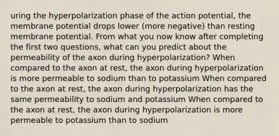 uring the hyperpolarization phase of the action potential, the membrane potential drops lower (more negative) than resting membrane potential. From what you now know after completing the first two questions, what can you predict about the permeability of the axon during hyperpolarization? When compared to the axon at rest, the axon during hyperpolarization is more permeable to sodium than to potassium When compared to the axon at rest, the axon during hyperpolarization has the same permeability to sodium and potassium When compared to the axon at rest, the axon during hyperpolarization is more permeable to potassium than to sodium