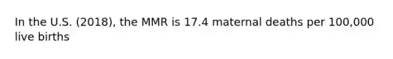 In the U.S. (2018), the MMR is 17.4 maternal deaths per 100,000 live births