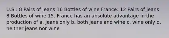 U.S.: 8 Pairs of jeans 16 Bottles of wine France: 12 Pairs of jeans 8 Bottles of wine 15. France has an absolute advantage in the production of a. jeans only b. both jeans and wine c. wine only d. neither jeans nor wine