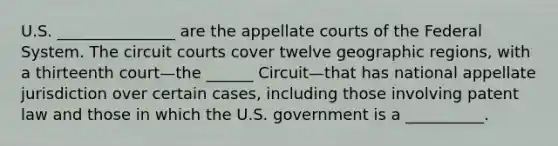 U.S. _______________ are the appellate courts of the Federal System. The circuit courts cover twelve geographic regions, with a thirteenth court—the ______ Circuit—that has national appellate jurisdiction over certain cases, including those involving patent law and those in which the U.S. government is a __________.