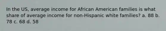 In the US, average income for African American families is what share of average income for non-Hispanic white families? a. 88 b. 78 c. 68 d. 58