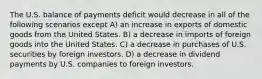 The U.S. balance of payments deficit would decrease in all of the following scenarios except A) an increase in exports of domestic goods from the United States. B) a decrease in imports of foreign goods into the United States. C) a decrease in purchases of U.S. securities by foreign investors. D) a decrease in dividend payments by U.S. companies to foreign investors.