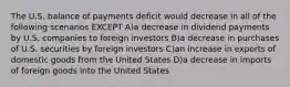 The U.S. balance of payments deficit would decrease in all of the following scenarios EXCEPT A)a decrease in dividend payments by U.S. companies to foreign investors B)a decrease in purchases of U.S. securities by foreign investors C)an increase in exports of domestic goods from the United States D)a decrease in imports of foreign goods into the United States