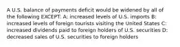 A U.S. balance of payments deficit would be widened by all of the following EXCEPT: A: increased levels of U.S. imports B: increased levels of foreign tourists visiting the United States C: increased dividends paid to foreign holders of U.S. securities D: decreased sales of U.S. securities to foreign holders