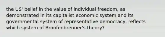 the US' belief in the value of individual freedom, as demonstrated in its capitalist economic system and its governmental system of representative democracy, reflects which system of Bronfenbrenner's theory?