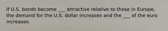 If U.S. bonds become ___ attractive relative to those in Europe, the demand for the U.S. dollar increases and the ___ of the euro increases.