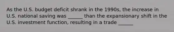 As the U.S. budget deficit shrank in the 1990s, the increase in U.S. national saving was ______ than the expansionary shift in the U.S. investment function, resulting in a trade ______