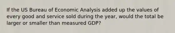 If the US Bureau of Economic Analysis added up the values of every good and service sold during the year, would the total be larger or smaller than measured GDP?