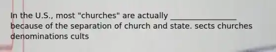 In the U.S., most "churches" are actually _________________ because of the separation of church and state. sects churches denominations cults