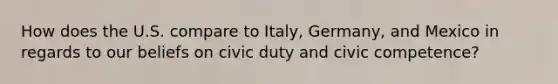 How does the U.S. compare to Italy, Germany, and Mexico in regards to our beliefs on civic duty and civic competence?