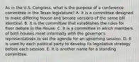 As in the U.S. Congress, what is the purpose of a conference committee in the Texas legislature? A. It is a committee designed to make differing House and Senate versions of the same bill identical. B. It is the committee that establishes the rules for floor debate in the House. C. It is a committee in which members of both houses meet informally with the governor's representatives to set the agenda for an upcoming session. D. It is used by each political party to develop its legislative strategy before each session. E. It is another name for a standing committee.