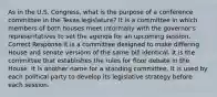 As in the U.S. Congress, what is the purpose of a conference committee in the Texas legislature? It is a committee in which members of both houses meet informally with the governor's representatives to set the agenda for an upcoming session. Correct Response It is a committee designed to make differing House and senate versions of the same bill identical. It is the committee that establishes the rules for floor debate in the House. It is another name for a standing committee. It is used by each political party to develop its legislative strategy before each session.