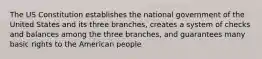 The US Constitution establishes the national government of the United States and its three branches, creates a system of checks and balances among the three branches, and guarantees many basic rights to the American people