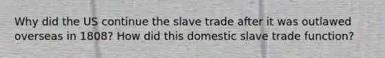 Why did the US continue the slave trade after it was outlawed overseas in 1808? How did this domestic slave trade function?