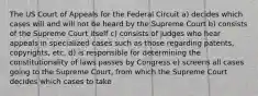 The US Court of Appeals for the Federal Circuit a) decides which cases will and will not be heard by the Supreme Court b) consists of the Supreme Court itself c) consists of judges who hear appeals in specialized cases such as those regarding patents, copyrights, etc. d) is responsible for determining the constitutionality of laws passes by Congress e) screens all cases going to the Supreme Court, from which the Supreme Court decides which cases to take