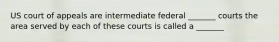 US court of appeals are intermediate federal _______ courts the area served by each of these courts is called a _______