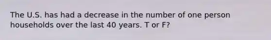 The U.S. has had a decrease in the number of one person households over the last 40 years. T or F?