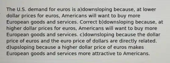 The U.S. demand for euros is a)downsloping because, at lower dollar prices for euros, Americans will want to buy more European goods and services. Correct b)downsloping because, at higher dollar prices for euros, Americans will want to buy more European goods and services. c)downsloping because the dollar price of euros and the euro price of dollars are directly related. d)upsloping because a higher dollar price of euros makes European goods and services more attractive to Americans.