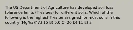 The US Department of Agriculture has developed soil-loss tolerance limits (T values) for different soils. Which of the following is the highest T value assigned for most soils in this country (Mg/ha)? A) 15 B) 5.0 C) 20 D) 11 E) 2