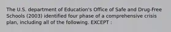 The U.S. department of Education's Office of Safe and Drug-Free Schools (2003) identified four phase of a comprehensive crisis plan, including all of the following. EXCEPT :