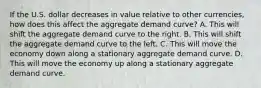 If the U.S. dollar decreases in value relative to other​ currencies, how does this affect the aggregate demand​ curve? A. This will shift the aggregate demand curve to the right. B. This will shift the aggregate demand curve to the left. C. This will move the economy down along a stationary aggregate demand curve. D. This will move the economy up along a stationary aggregate demand curve.