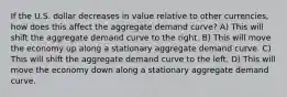 If the U.S. dollar decreases in value relative to other currencies, how does this affect the aggregate demand curve? A) This will shift the aggregate demand curve to the right. B) This will move the economy up along a stationary aggregate demand curve. C) This will shift the aggregate demand curve to the left. D) This will move the economy down along a stationary aggregate demand curve.