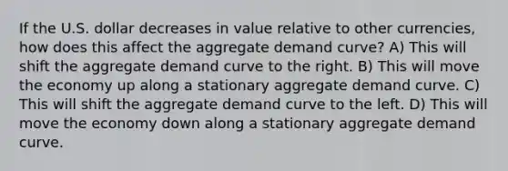 If the U.S. dollar decreases in value relative to other currencies, how does this affect the aggregate demand curve? A) This will shift the aggregate demand curve to the right. B) This will move the economy up along a stationary aggregate demand curve. C) This will shift the aggregate demand curve to the left. D) This will move the economy down along a stationary aggregate demand curve.