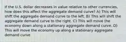 If the U.S. dollar decreases in value relative to other currencies, how does this affect the aggregate demand curve? A) This will shift the aggregate demand curve to the left. B) This will shift the aggregate demand curve to the right. C) This will move the economy down along a stationary aggregate demand curve. D) This will move the economy up along a stationary aggregate demand curve